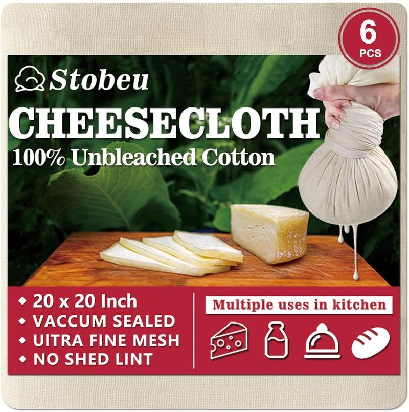 Stobeu 6Pcs Cheese Cloths,Reusable Grade 100 Cheesecloth for Straining,Ultra Fine Mesh Cheese Cloth for Cooking,20x20" Pure Unbleached Cotton Cloth Strainer for Juicing,Baking,Cheese Making - Image 1